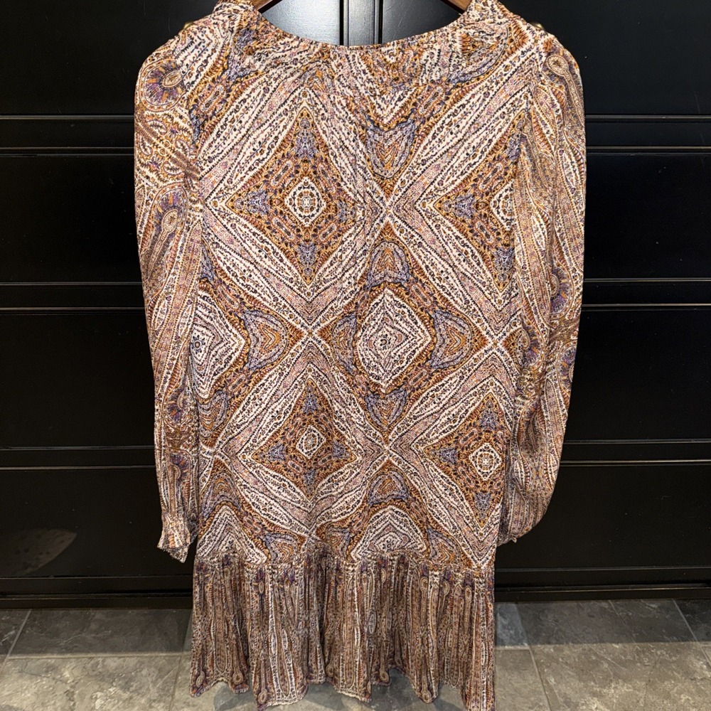 Anthropologie Sabia Flounced Tunic Dress Small Brown Multi V Neck Pockets Lined - Picture 14 of 16